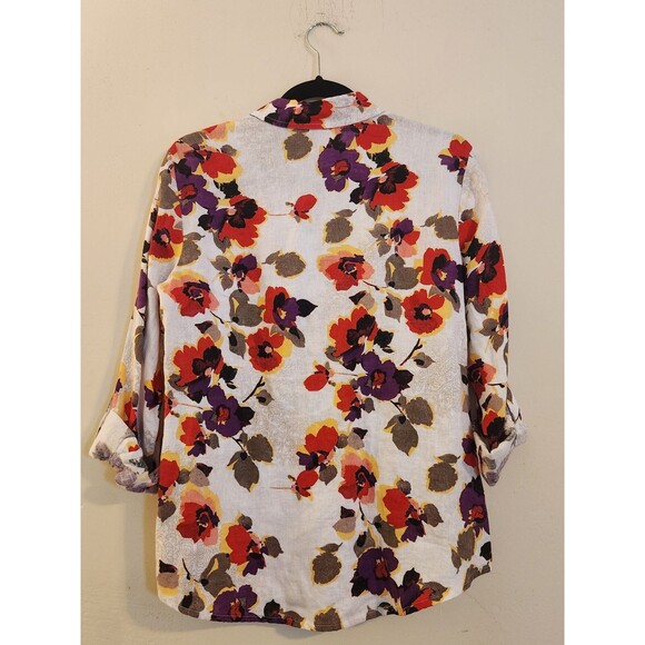 JM Collection Women's Size‎ 6 Floral linen button-Down Roll Tab Sleeve Shirt - Picture 3 of 7